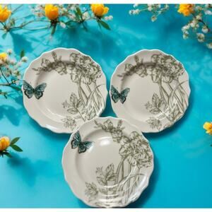 222 Fifth Set of 3 Spring Dessert Appetizer Bread Plates Butterflies Floral 6.5"